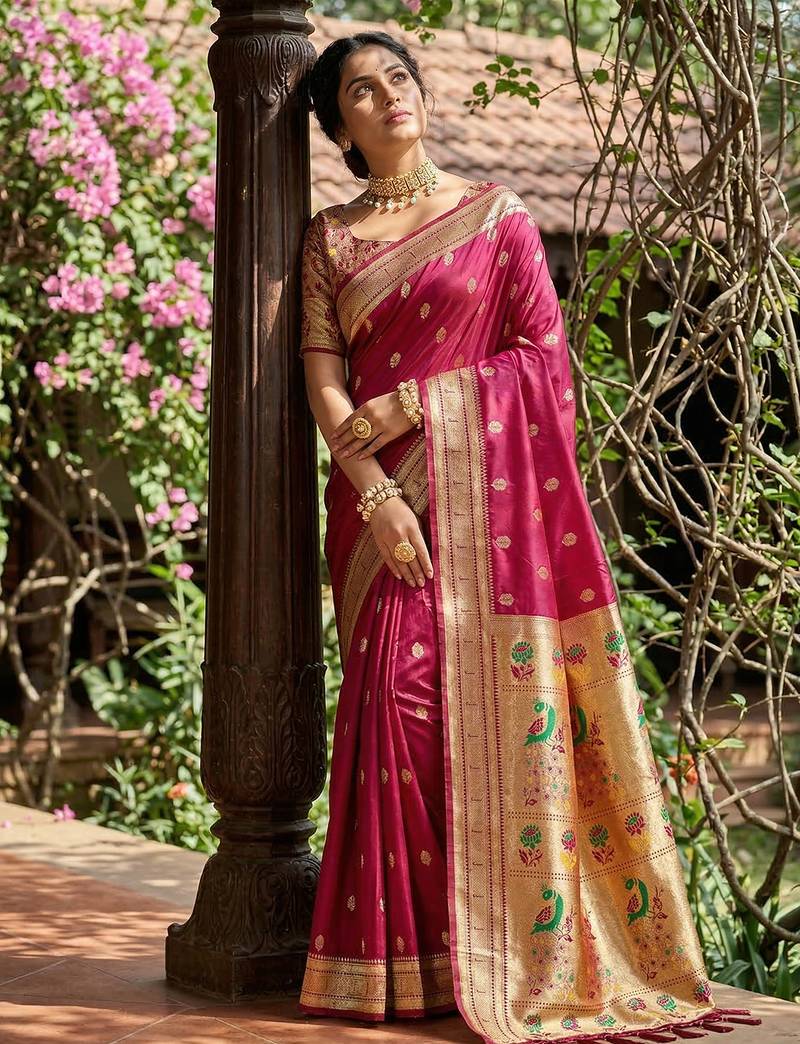 Sutriti women's magenta paithani soft silk saree for festive party & wedding wear with blouse piece