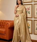 Sutriti beige gold tissue silk saree for women wedding festive party ethnic wear