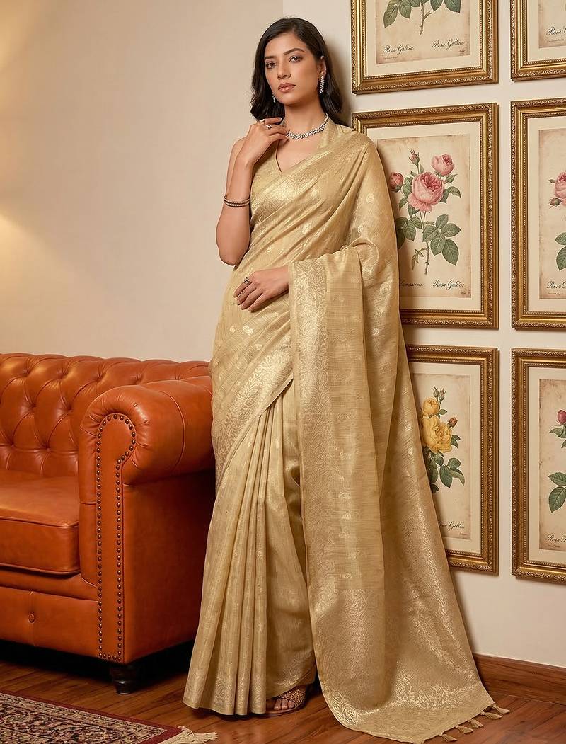 Sutriti beige gold tissue silk saree for women wedding festive party ethnic wear