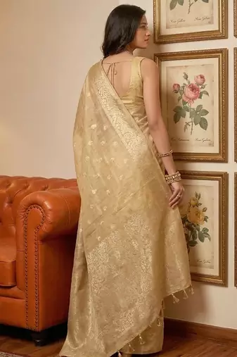 beige gold tissue silk blend saree for women wedding festive party ethnic wear