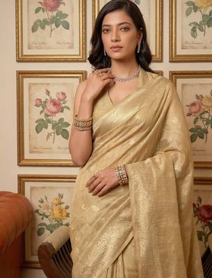 beige gold tissue silk blend saree for women wedding festive party ethnic wear 3