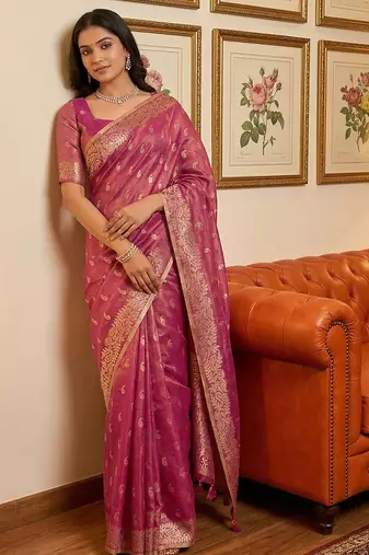 Sutriti rani pink tissue silk saree for women festive wedding party ethnic wear