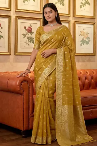 Sutriti mustard tissue silk saree for women festive wedding party ethnic wear