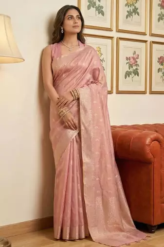Sutriti rose pink tissue silk saree for women festive wedding party ethnic wear