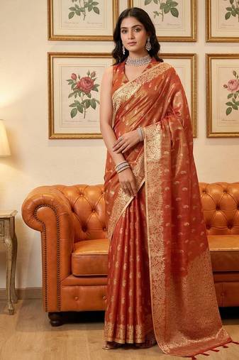 Sutriti red tissue silk saree for women wedding festive party ethnic wear