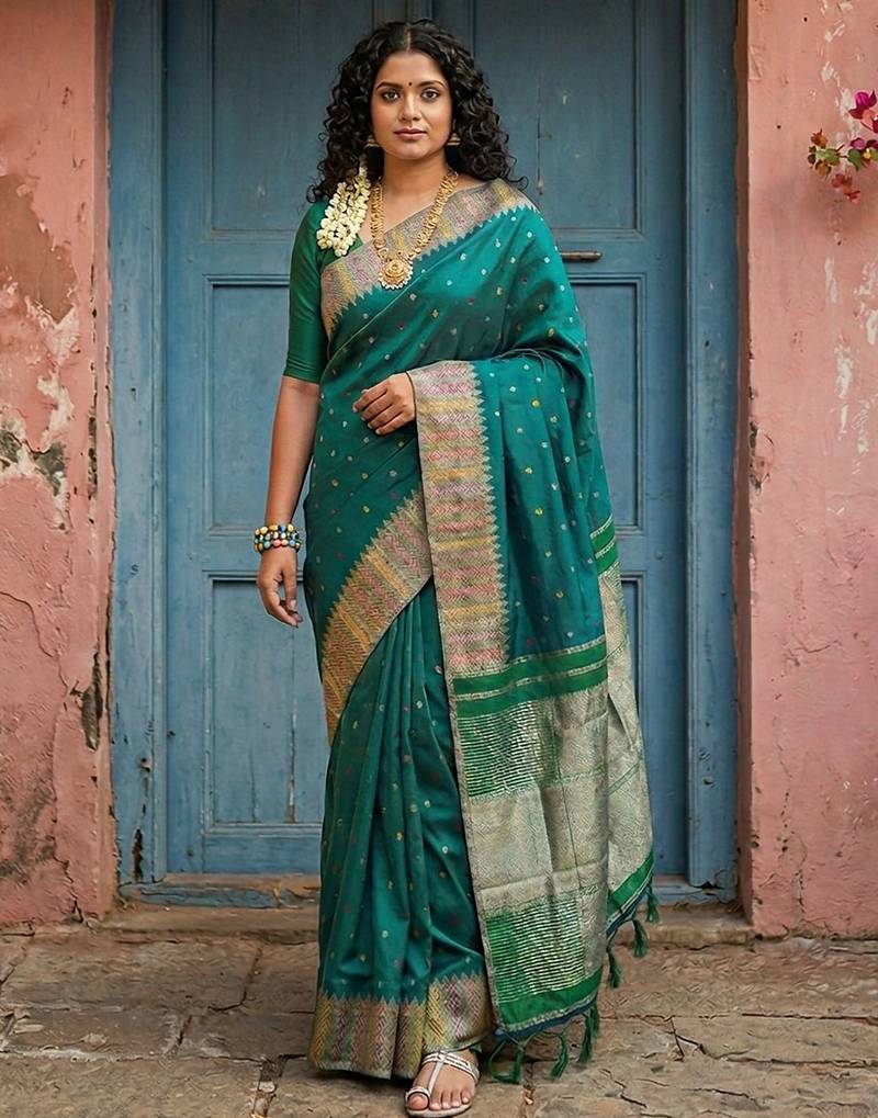 Sutriti bottle green zari woven banarasi style semi-silk saree | elegant temple wear with rich pallu & blouse