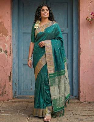 bottle green zari woven banarasi style semi-silk blend saree  2