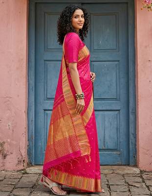 hot rani pink bridal style soft lichi silk blend saree  2