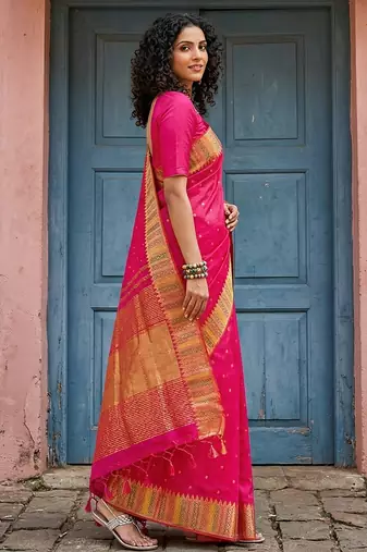 hot rani pink bridal style soft lichi silk blend saree 