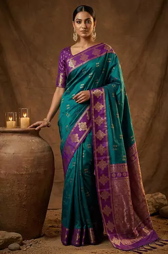 Sutriti teal green banarasi soft silk saree for women wedding festive ethnic wear