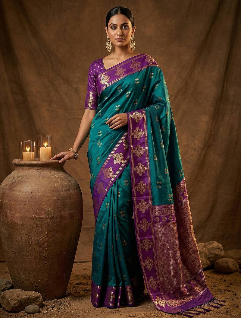 Sutriti teal green banarasi soft silk saree for women wedding festive ethnic wear