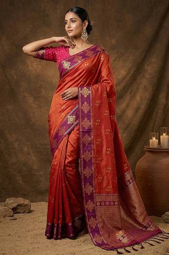 Sutriti red orange banarasi soft silk saree for women festive wedding ethnic wear