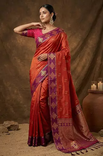 Sutriti red orange banarasi soft silk saree for women festive wedding ethnic wear