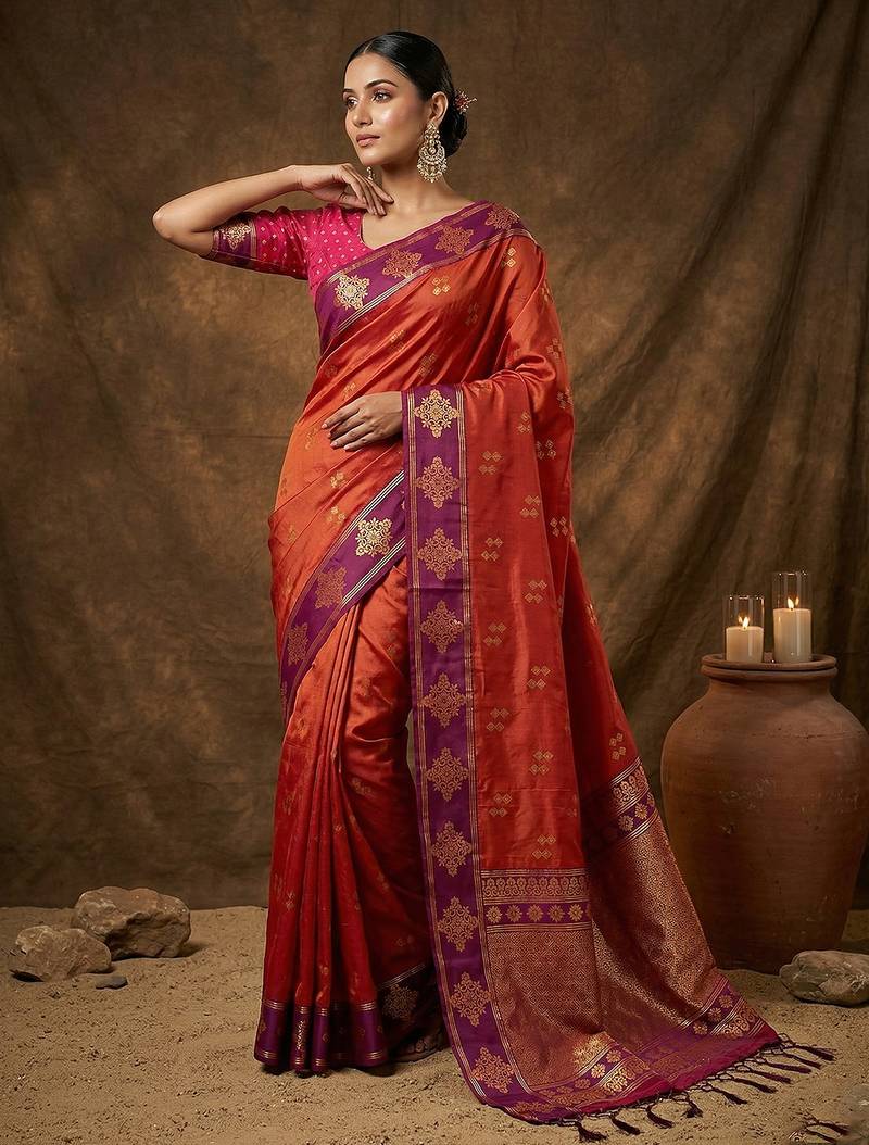 Sutriti red orange banarasi soft silk saree for women festive wedding ethnic wear