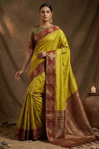 Sutriti mustard yellow banarasi soft silk saree for women wedding festive saree