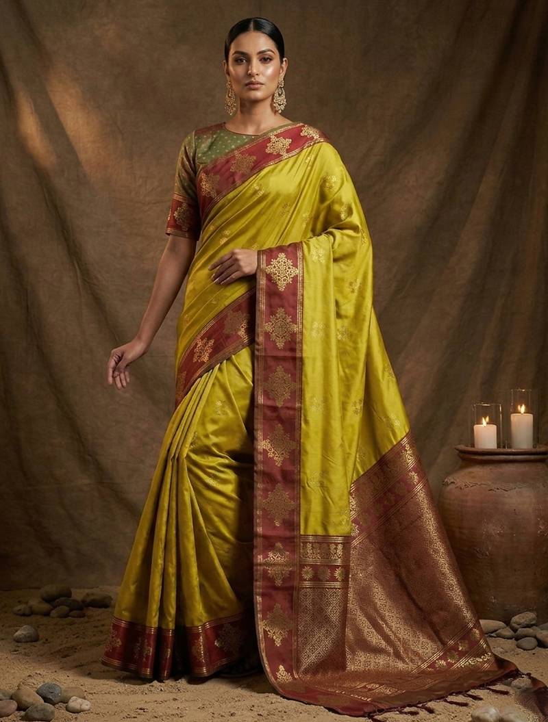 Sutriti mustard yellow banarasi soft silk saree for women wedding festive saree