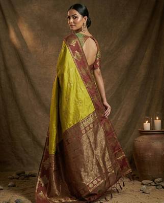 mustard yellow banarasi soft silk blend saree for women wedding festive saree 3
