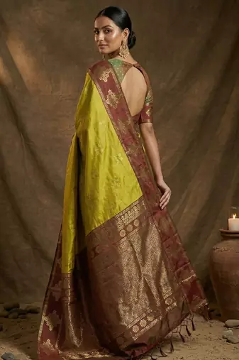 mustard yellow banarasi soft silk blend saree for women wedding festive saree