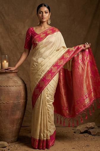 Sutriti cream banarasi soft silk saree for women festive wedding ethnic saree