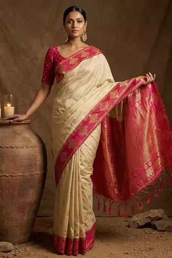 Sutriti cream banarasi soft silk saree for women festive wedding ethnic saree