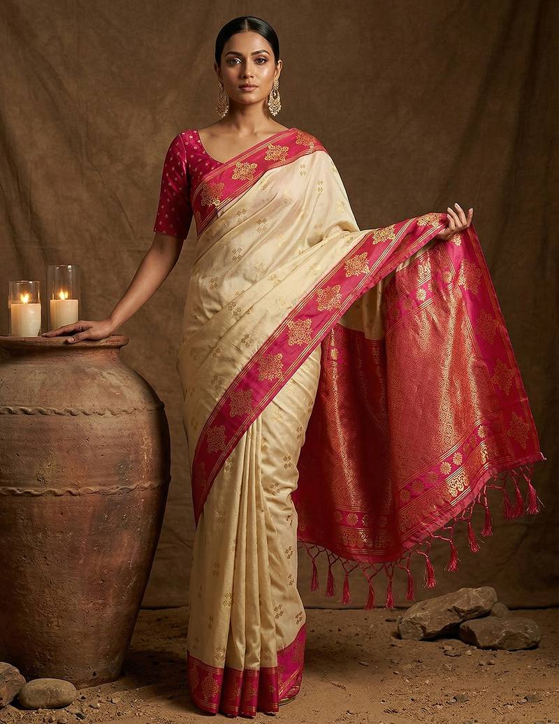 Sutriti cream banarasi soft silk saree for women festive wedding ethnic saree