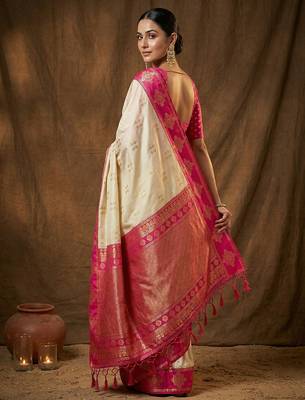 cream banarasi soft silk blend saree for women  3