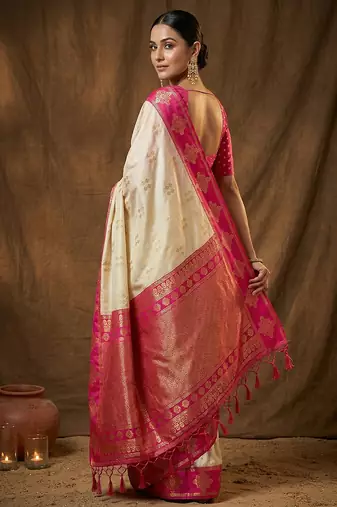 cream banarasi soft silk blend saree for women 