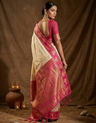 cream banarasi soft silk blend saree for women  4