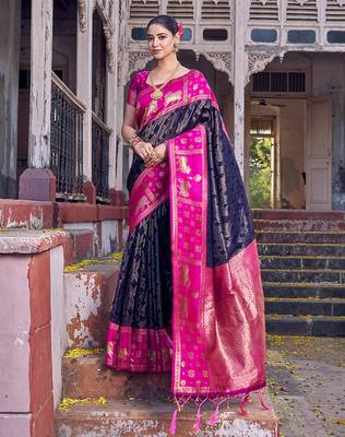 black soft silk blend saree with rani pink border - ethnic saree for women 1