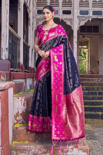Sutriti black soft silk saree with rani pink border - ethnic festive wedding saree for women