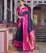 black soft silk blend saree with rani pink border - ethnic  saree for women