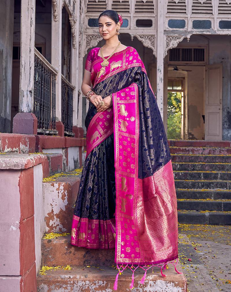 Sutriti black soft silk saree with rani pink border - ethnic festive wedding saree for women