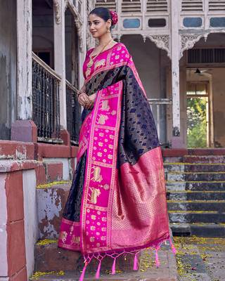black soft silk blend saree with rani pink border - ethnic saree for women 2