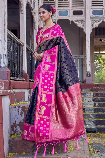 black soft silk blend saree with rani pink border - ethnic saree for women