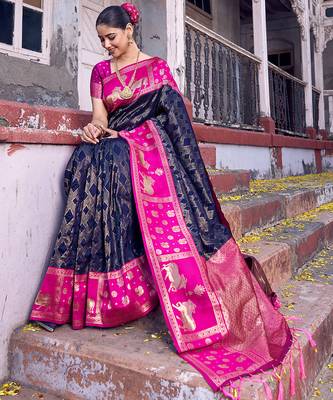 black soft silk blend saree with rani pink border - ethnic saree for women 3