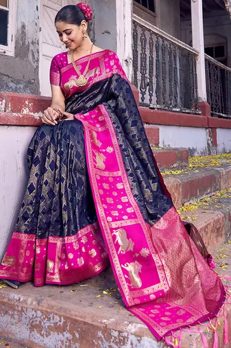 black soft silk blend saree with rani pink border - ethnic saree for women