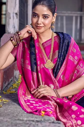 black soft silk blend saree with rani pink border - ethnic saree for women