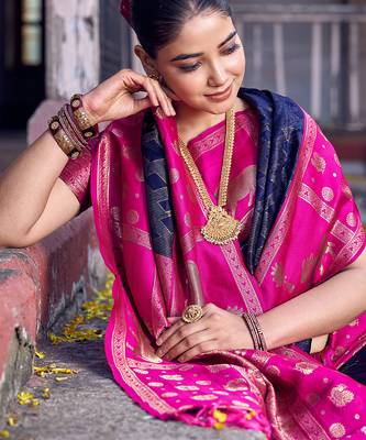 black soft silk blend saree with rani pink border - ethnic saree for women 5