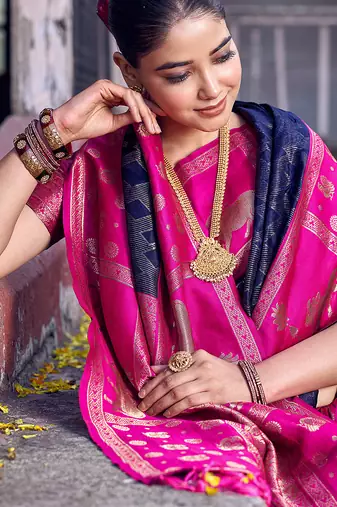 black soft silk blend saree with rani pink border - ethnic saree for women