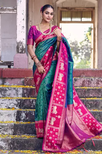 Sutriti teal green soft silk saree with rani pink border - ethnic festive wedding saree for women