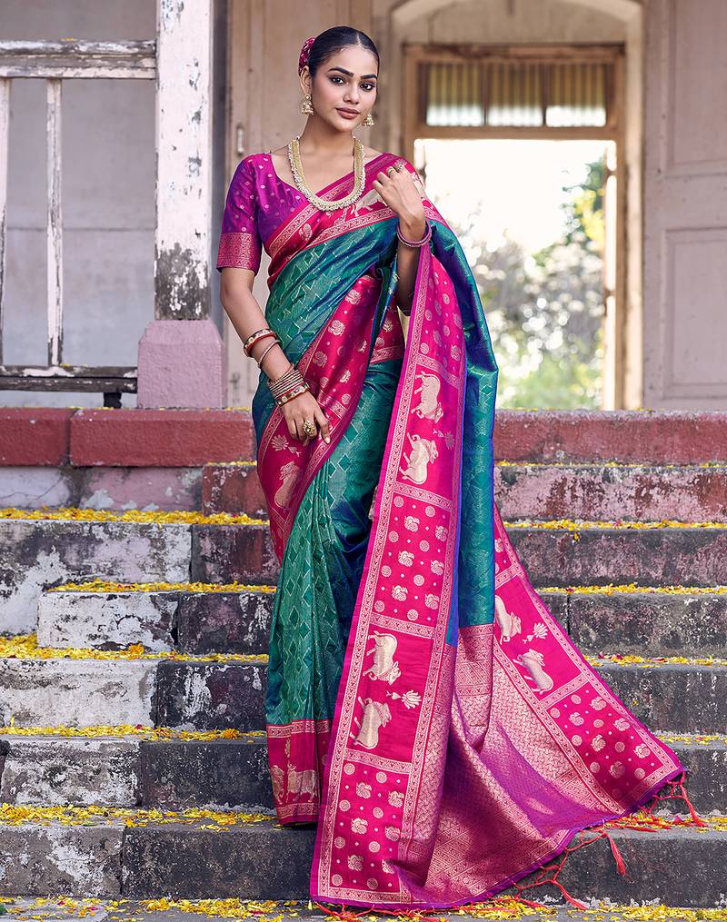 Sutriti teal green soft silk saree with rani pink border - ethnic festive wedding saree for women
