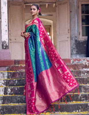 teal green soft silk blend saree with rani pink border - ethnic saree for women 2