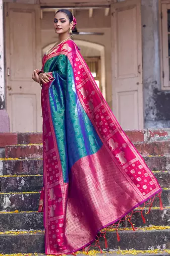 teal green soft silk blend saree with rani pink border - ethnic saree for women