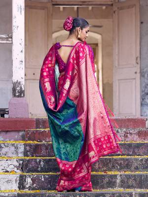 teal green soft silk blend saree with rani pink border - ethnic saree for women 3
