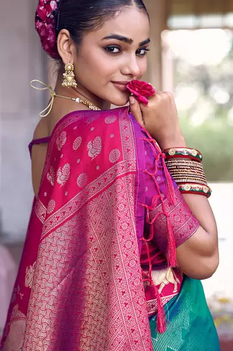 teal green soft silk blend saree with rani pink border - ethnic saree for women