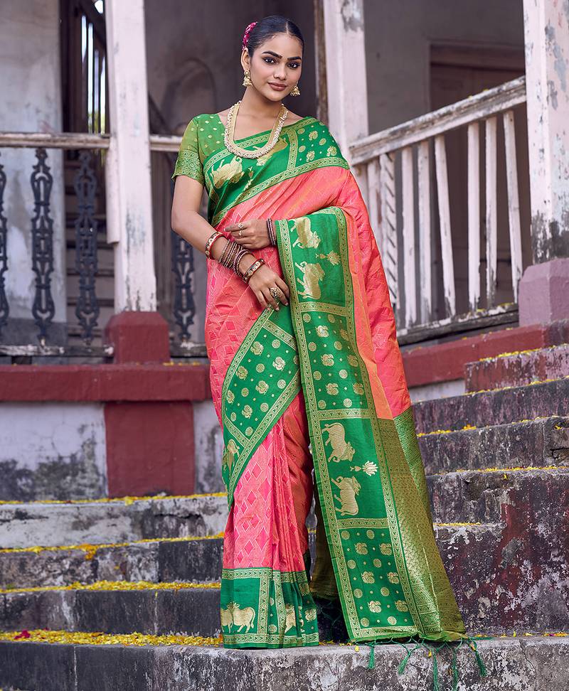 Sutriti rani pink soft silk saree with green border - festive wedding ethnic saree for women