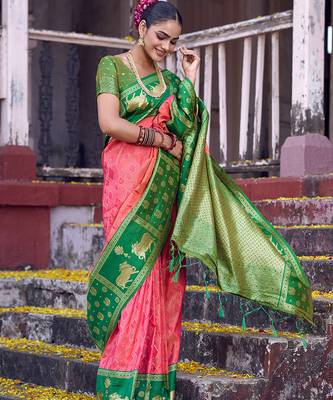 rani pink soft silk blend saree with green border -  for women 4