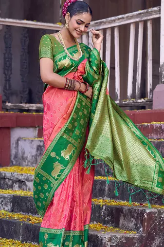 rani pink soft silk blend saree with green border -  for women