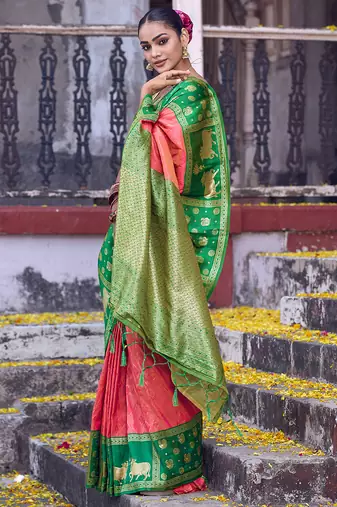 rani pink soft silk blend saree with green border -  for women