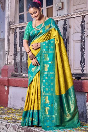 Sutriti mustard yellow soft silk saree with blue border - festive wedding ethnic saree for women